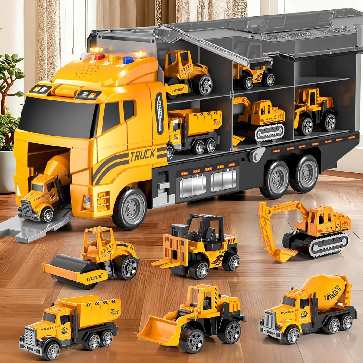 3-5 Year Old Boys Construction Truck Toy Set,6 Die-Cast Mini Toy Cars with Play Mat, Light & Sound Features, Easy Storage,Indoor & Outdoor Play Toys, Birthday Gifts for Boys Girls Kids Ages 3‑8