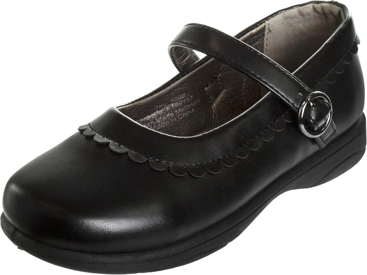 Girls Black Leather School Shoes with Flower Strap Detail
