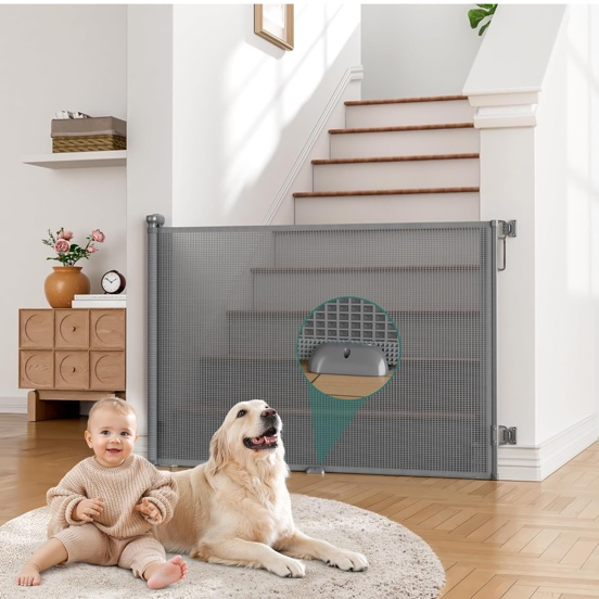 Retractable Baby Gate,Mesh Baby Gate or Mesh Dog Gate,33" Tall,Extends up to 55" Wide,Child Safety Gate for Doorways, Stairs, Hallways, Indoor/Outdoor（Grey,33"x55"
