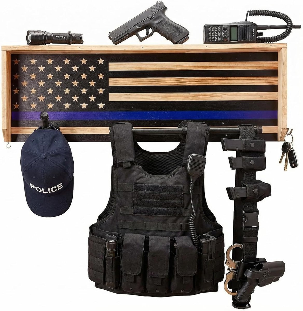 GUTE Police Wall Mounted Tactical Duty Gear Rack with Blue American Flag | First Responder Storage Shelf & Organizer for Policemen, Law Enforcement Holder | Gift Décor