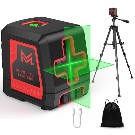 Laser Level 100Ft Self Leveling Green Cross Line, 2-Line Laser Level with Tripod & Rechargeable Lithium Battery, Indoor for Picture Hanging Tile DIY Construction