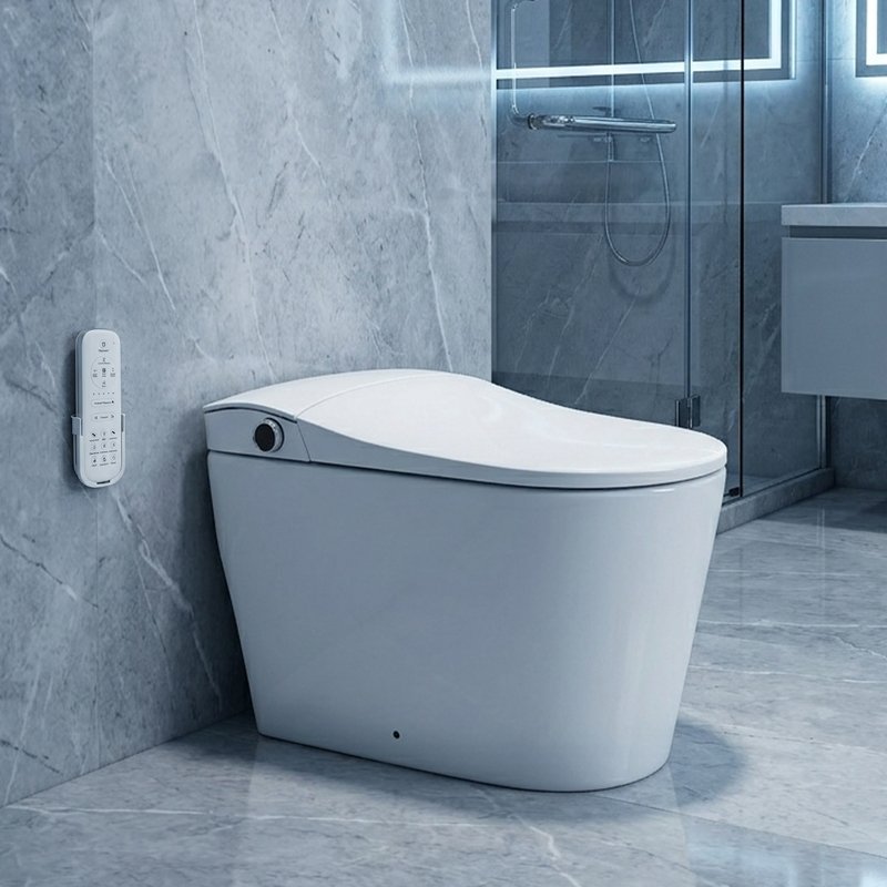 Elongated One Piece Toilet with 17.2" ADA Comfort Height Seat Modern Toilet for Bathroom 1.0GPF Button & Foot Kick Flush, Air Pressure Assisted Flush, 12'' Rough-in, Standard White Bowl
