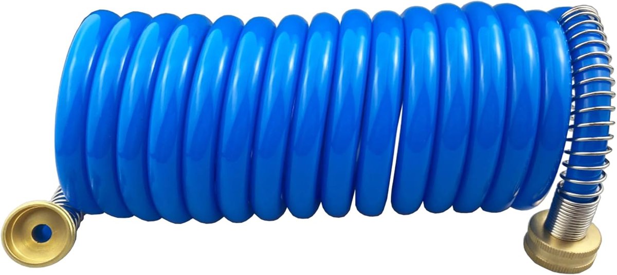 Darnassus Heavy-duty PU Coil Hose, Self-Coiling Garden Hose with Solid Brass Fittings, Retractable, Corrosion Resistant, for Household (15 FT, Blue)