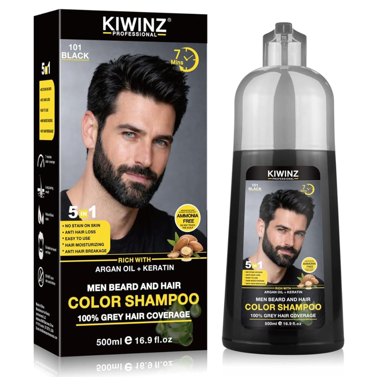 KIWINZ Men Beard and Hair Color Shampoo 500ml - Black