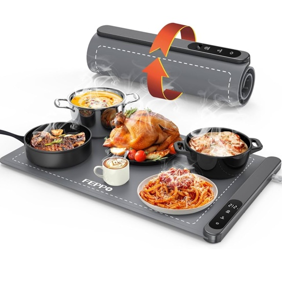 FEPPO Food Warming Mat, Upgrade High-tech Heating System, Fast Full Surface Electric Warming Tray with 6 Level Adjustable Temperature and 6 Hours Timer, Roll Up Food Warmers for Parties Buffet